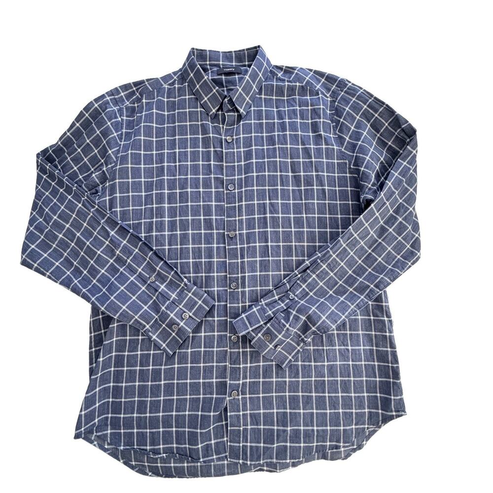THEORY Zack Blue Windowpane Check Button Down Lightweight Shirt XL EUC $225